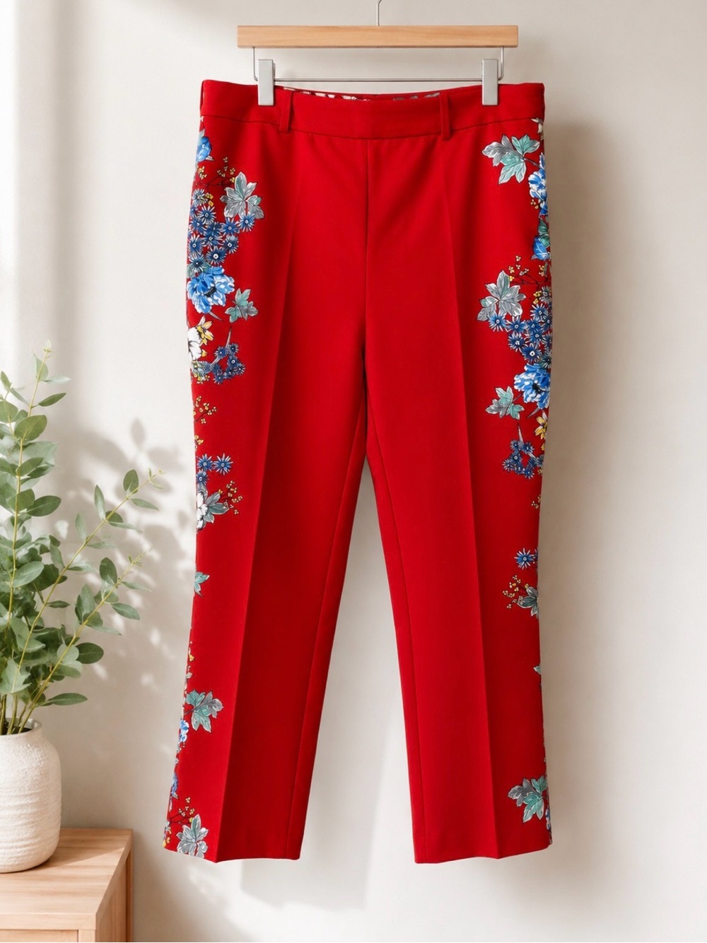 Zara Basic Red Floral Ankle Pants XL Cropped Slim Office Cottagecore Boho